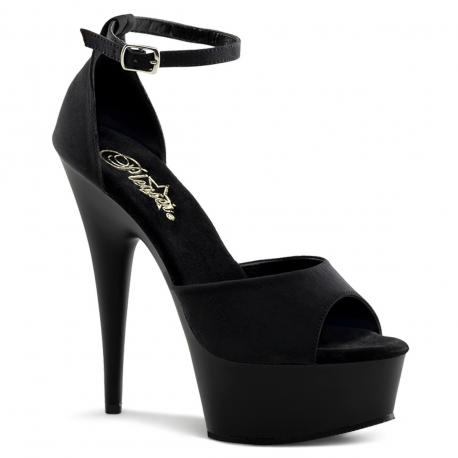 Sandale plateforme satin noir à talon stiletto avec bride cheville