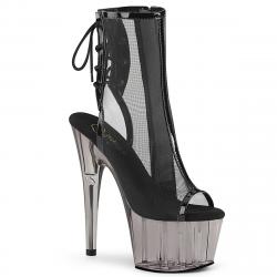 Chaussure pole dance ouverte noire et transparente en mesh avec plateforme fumée transparente