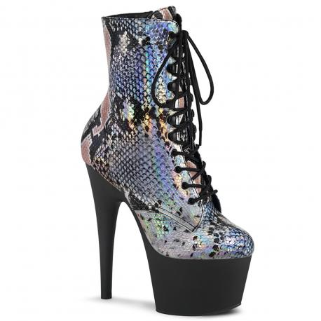 Chaussure pole dance multicolore (bleu, rose, blanc, noir) effet python/serpent avec plateforme noire mate