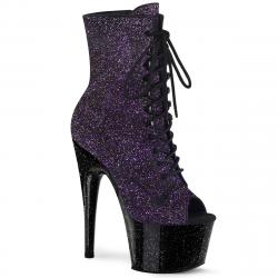 Chaussure pole dance peep toe violette pailletée irisée avec plateforme noire pailletée