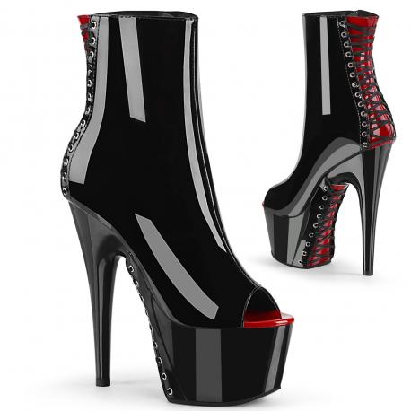 Chaussure pole dance peep toe noire avec laçage corset noir sur dos rouge verni à talon aiguille