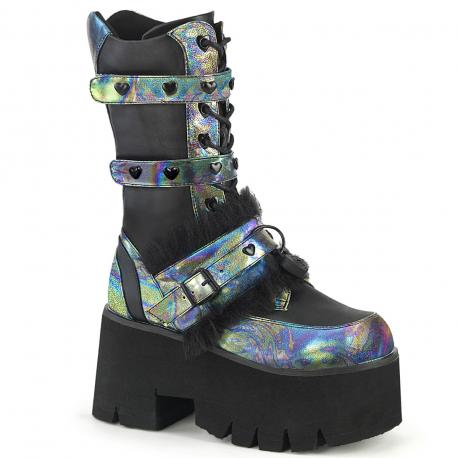 Bottes Gothiques Plateformes à gros talon Demonia Cult Noire et Vert Multicolore