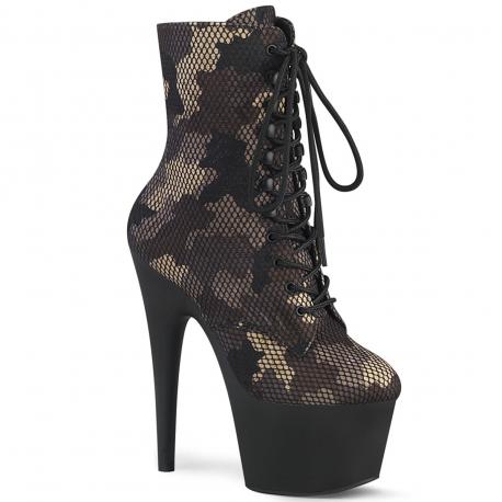 Chaussure pole dance beige et noire motif camouflage résille avec plateforme noire mate