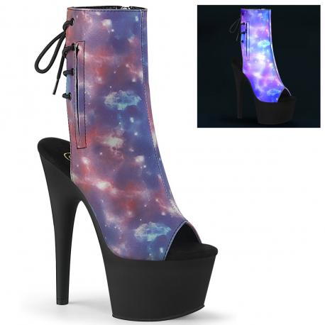 Chaussure pole dance ouverte multicolore galaxie (violet, rose, bleu) imprimée avec plateforme noire - Pleaser