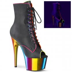 Chaussure pole dance peep toe noire à bordure fluo et plateforme arc en ciel dorée | Adore