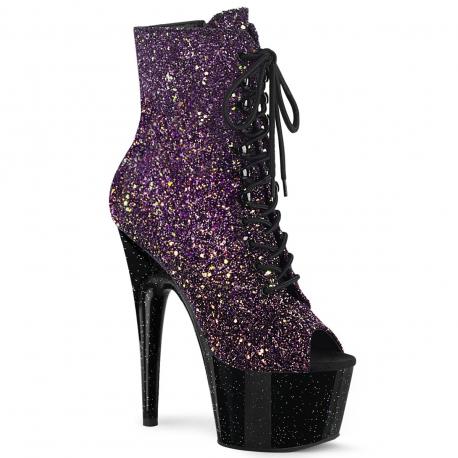 Chaussure pole dance peep toe violette pailletée multicolore avec plateforme noire pailletée fine