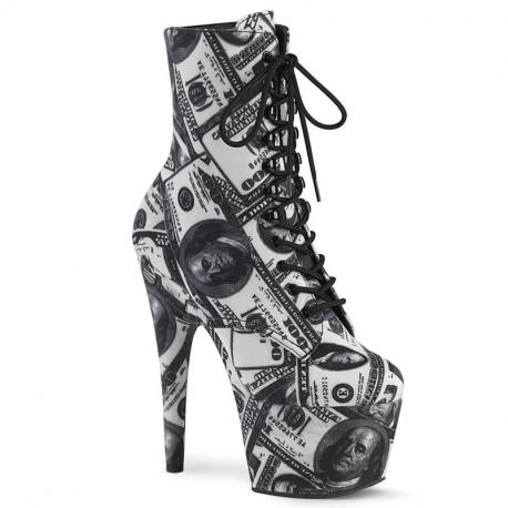 Chaussure pole dance blanche et noire imprimée motifs dollars avec plateforme assortie