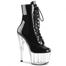 Bottine Pole dance noire vernie à talon de 18 cm plexi transparent Pleaser Shoes