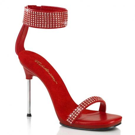 Sandales bijoux strass rouge à talons aiguille chromé pour soirée